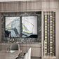 Wine display wall with bottle racks beside framed art and a tabletop holding wine bottles