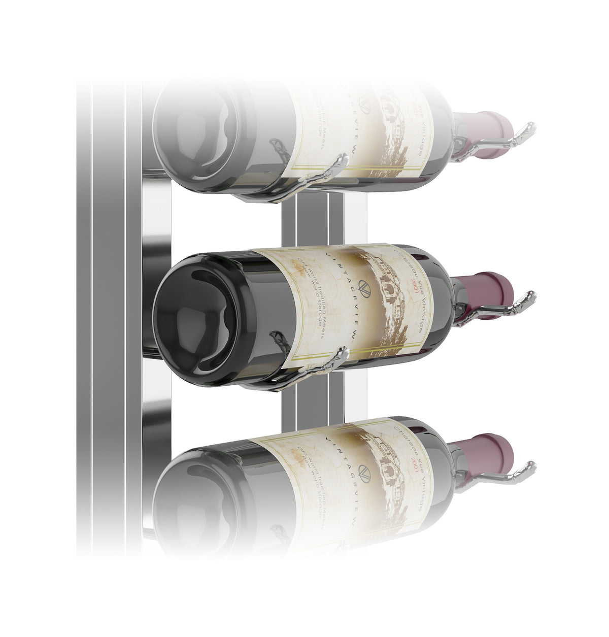 Side view of single-sided floating wine rack kit with three bottle rows and holders