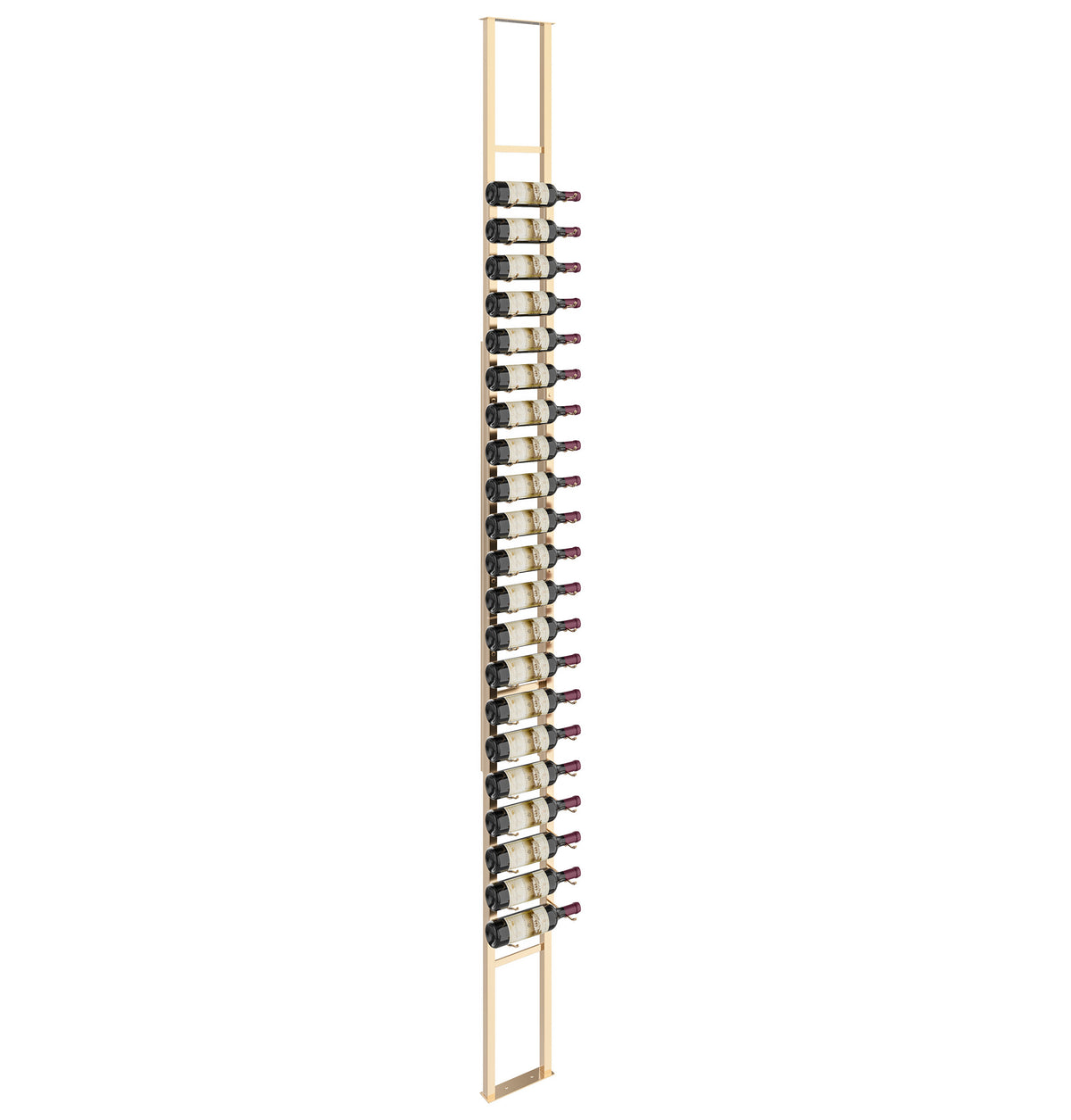 Golden bronze single-sided floating wine rack with bottle holders on a vertical rail