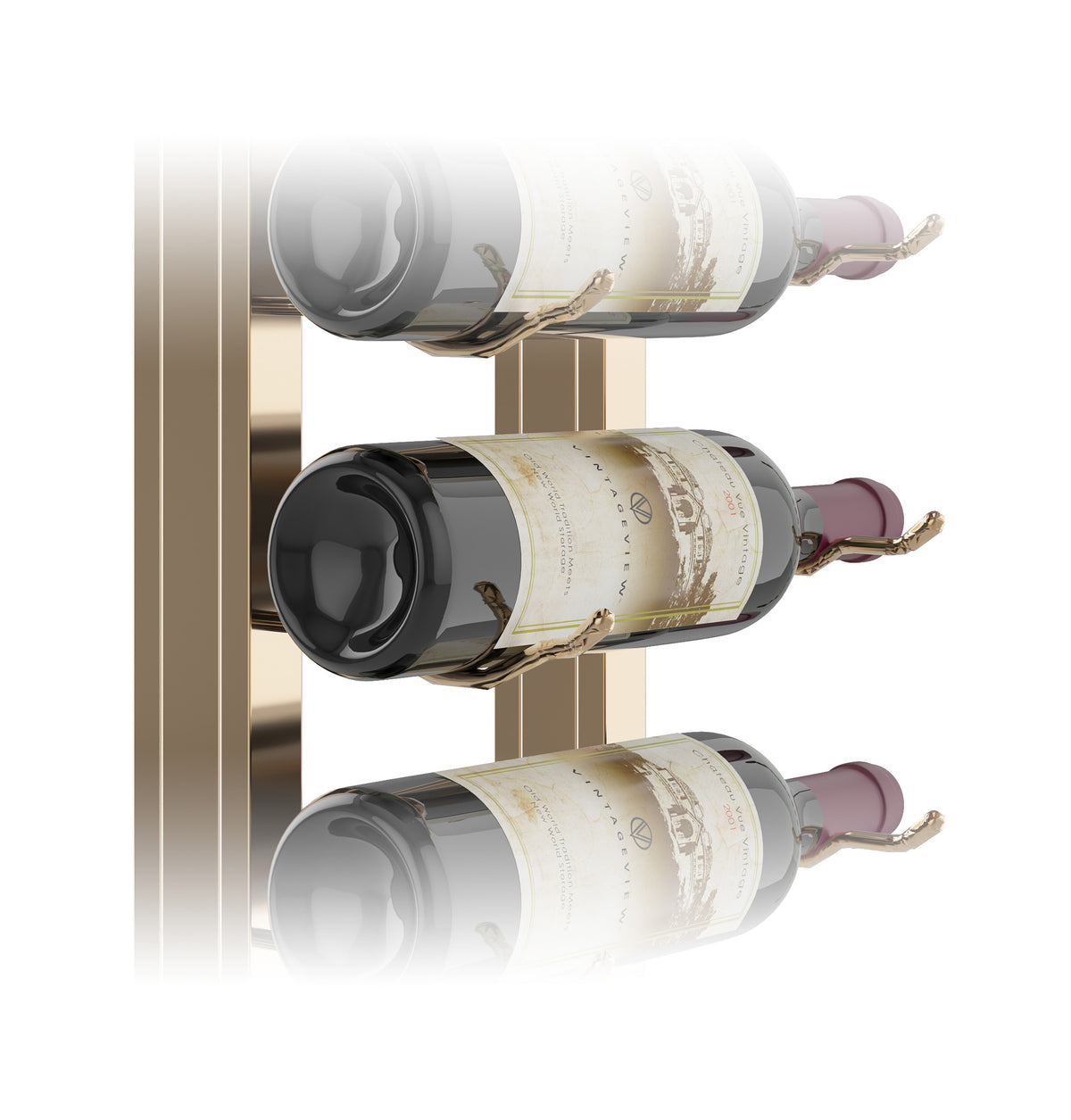 Wall floating wine rack kit from the side, showing bottles in three horizontal levels