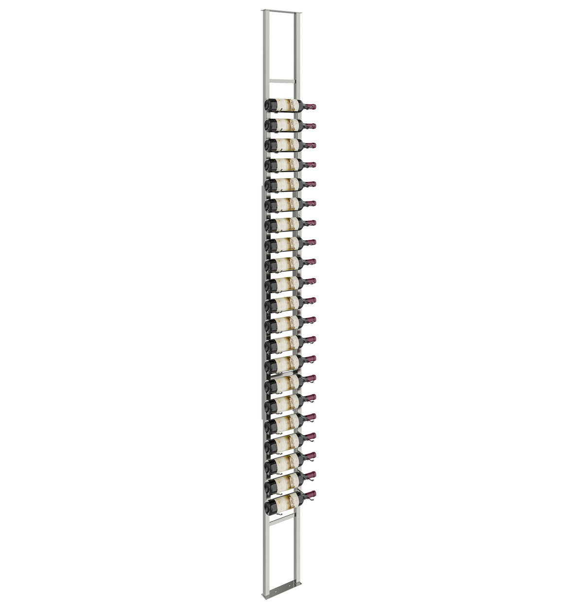 Brushed nickel single-sided floating wine rack with bottle holders on a vertical rail