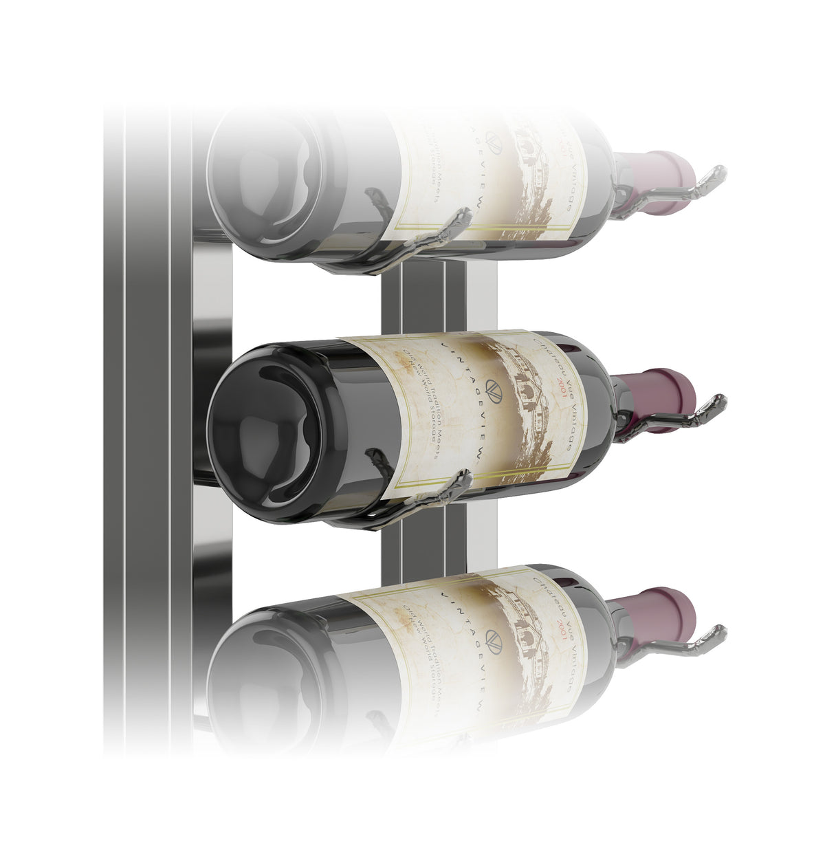 Angled view of wall-mounted floating wine rack kit with bottles in three rows