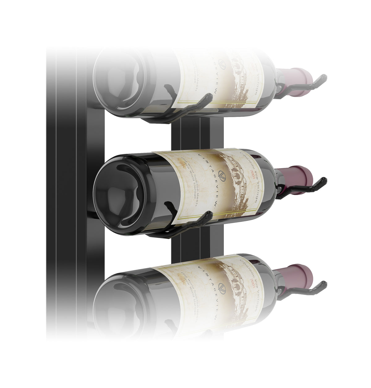 Matte black single-sided floating wine rack with bottle holders on a vertical rail
