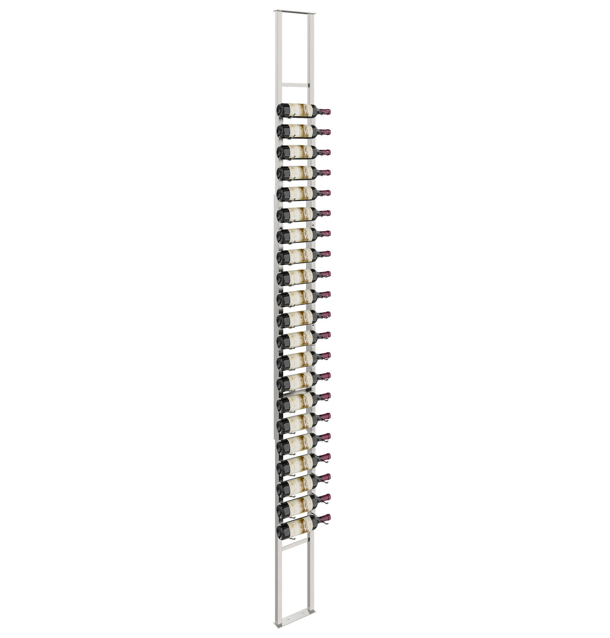 Chrome single-sided floating wine rack with bottle holders on a vertical rail