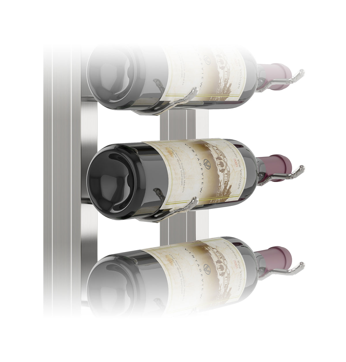 Close side view of floating wall wine rack kit with bottles resting in 3 tiers