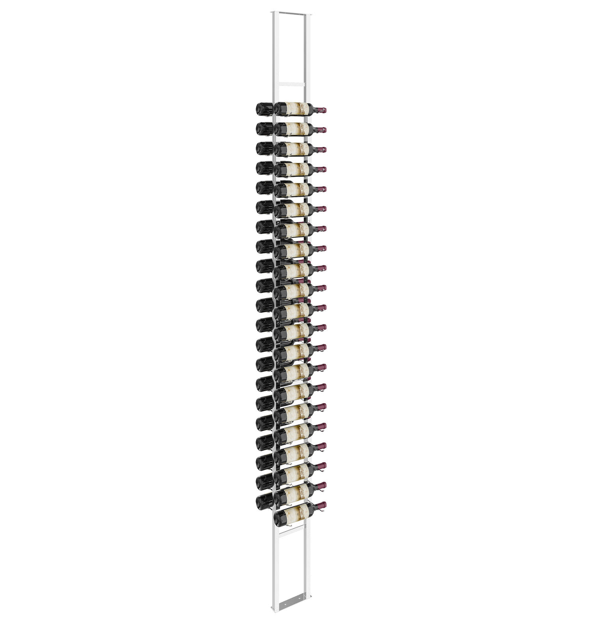 Wall-mounted double-sided floating wine rack with bottle holders and light silver frame