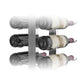 Double-sided floating wine rack with wine bottles, black and clear bottles, silver metal frame