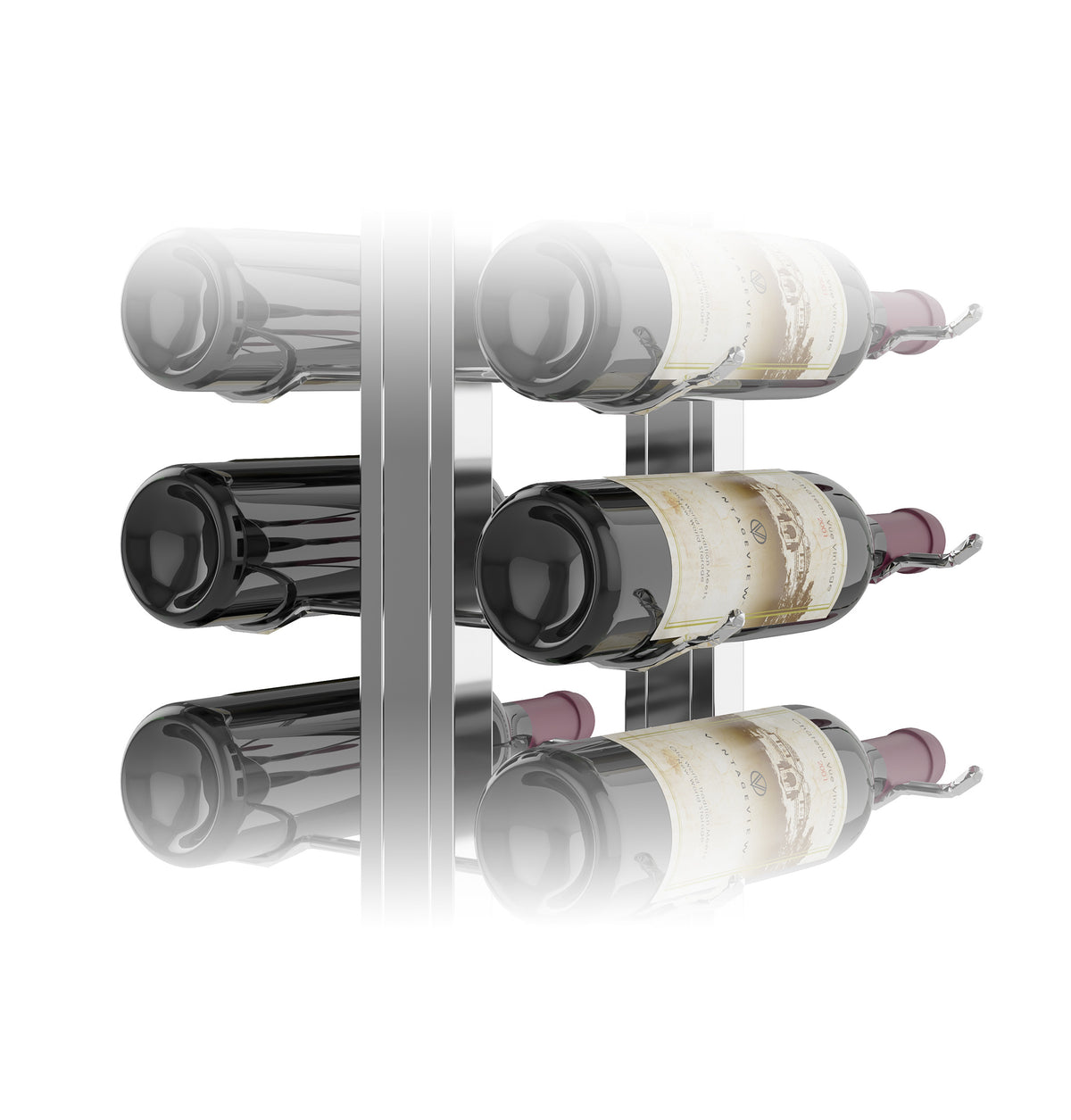 Double-sided floating wine rack with wine bottles, black and clear bottles, silver metal frame