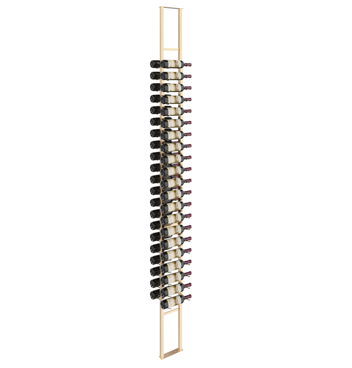 Wall-mounted double-sided floating wine rack with bottle holders and gold frame