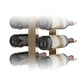 Double-sided floating wine rack with wine bottles, black and clear bottles, bronze metal frame