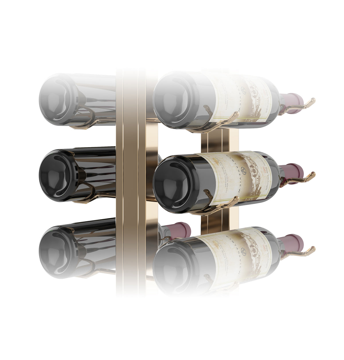 Double-sided floating wine rack with wine bottles, black and clear bottles, bronze metal frame