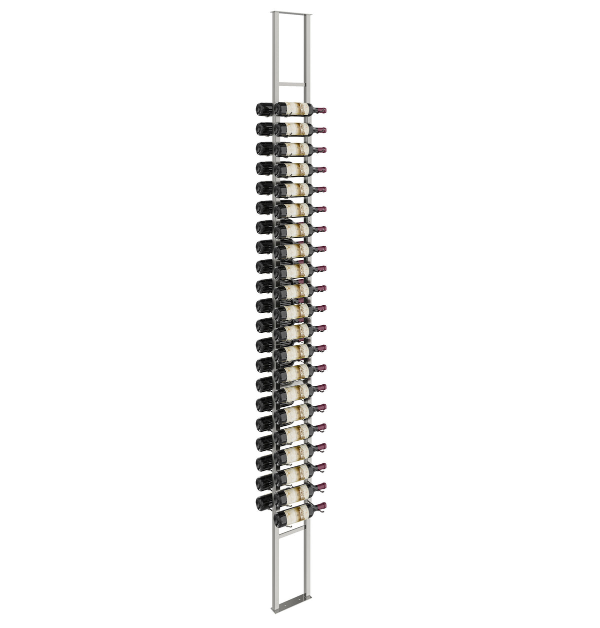 Wall-mounted double-sided floating wine rack with bottle holders and silver frame