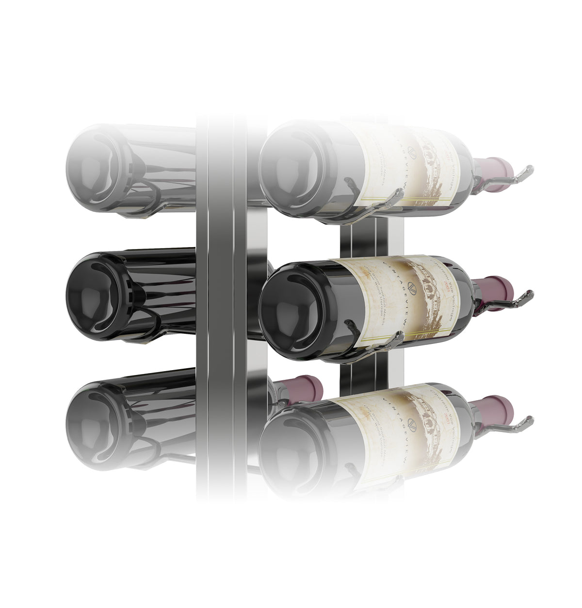Double-sided floating wine rack with wine bottles, black and clear bottles, silver metal frame