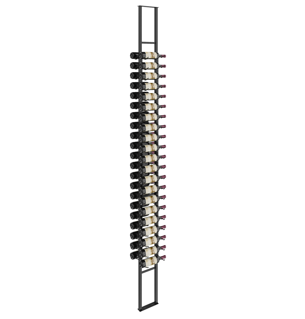 Wall-mounted double-sided floating wine rack with bottle holders and black frame