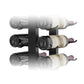 Double-sided floating wine rack with wine bottles, black and clear bottles, dark metal frame
