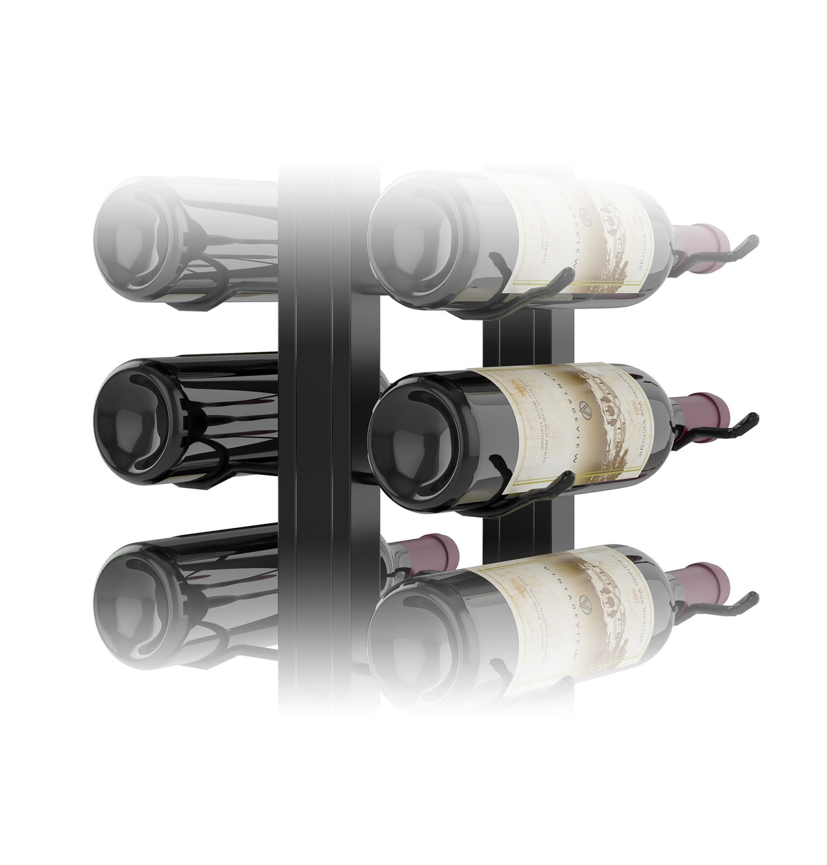 Double-sided floating wine rack with wine bottles, black and clear bottles, dark metal frame
