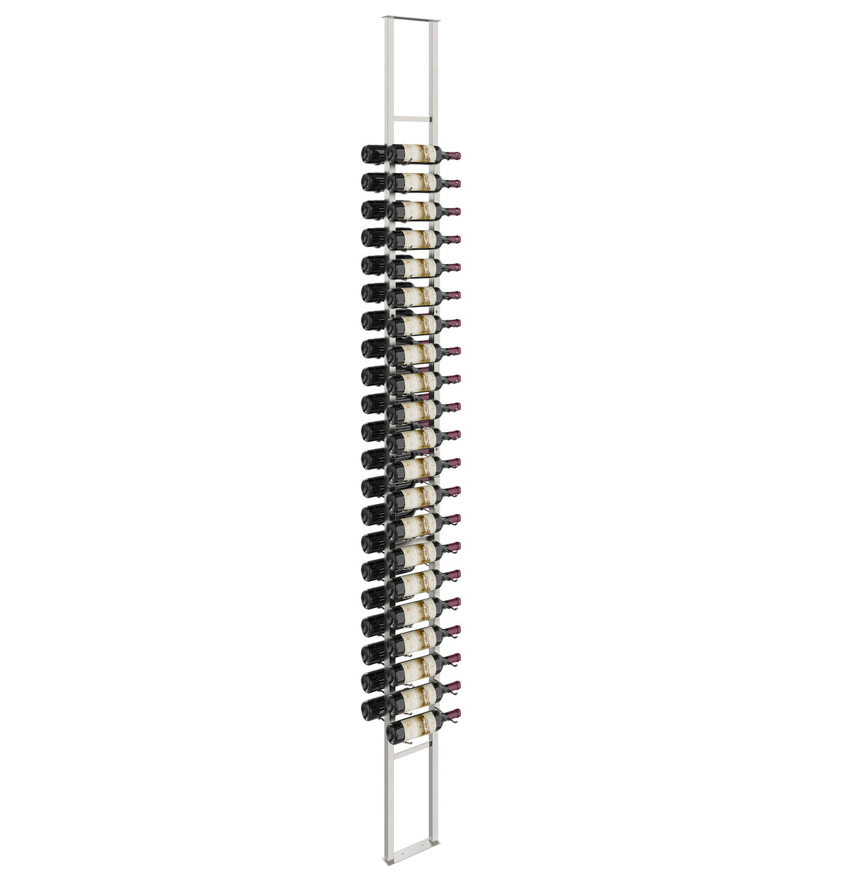 Wall-mounted double-sided floating wine rack with bottle holders and silver frame