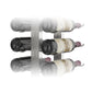 Double-sided floating wine rack with wine bottles, black and clear bottles, silver metal frame