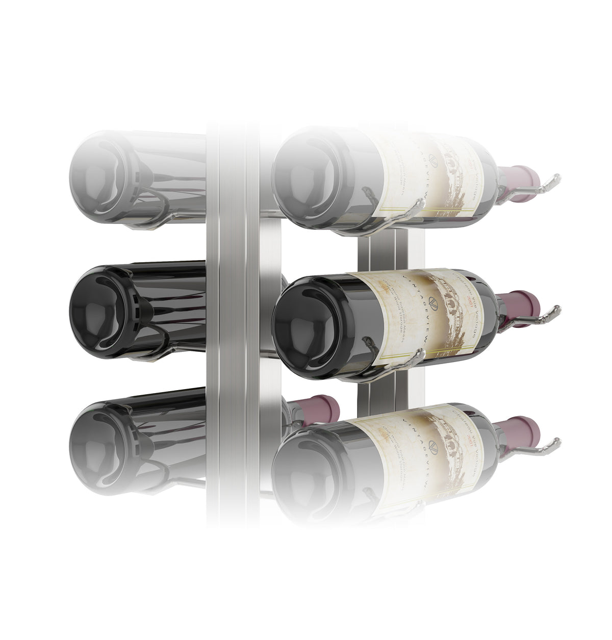 Double-sided floating wine rack with wine bottles, black and clear bottles, silver metal frame