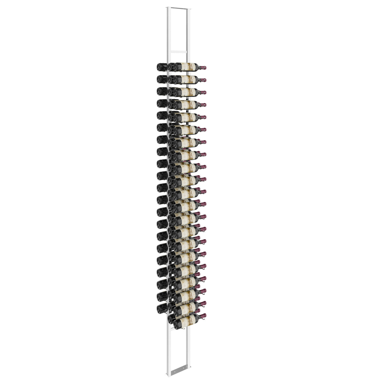 Wall-mounted double-sided floating wine rack with bottle holders and silver frame