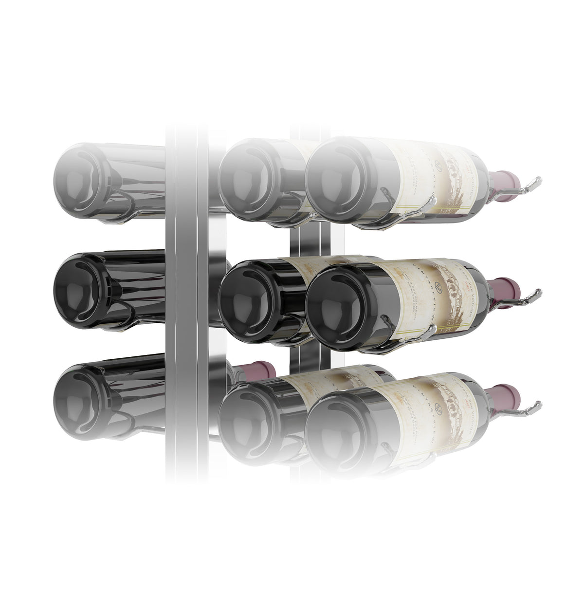 Double-sided floating wine rack kit showing bottle necks and caps across three rows
