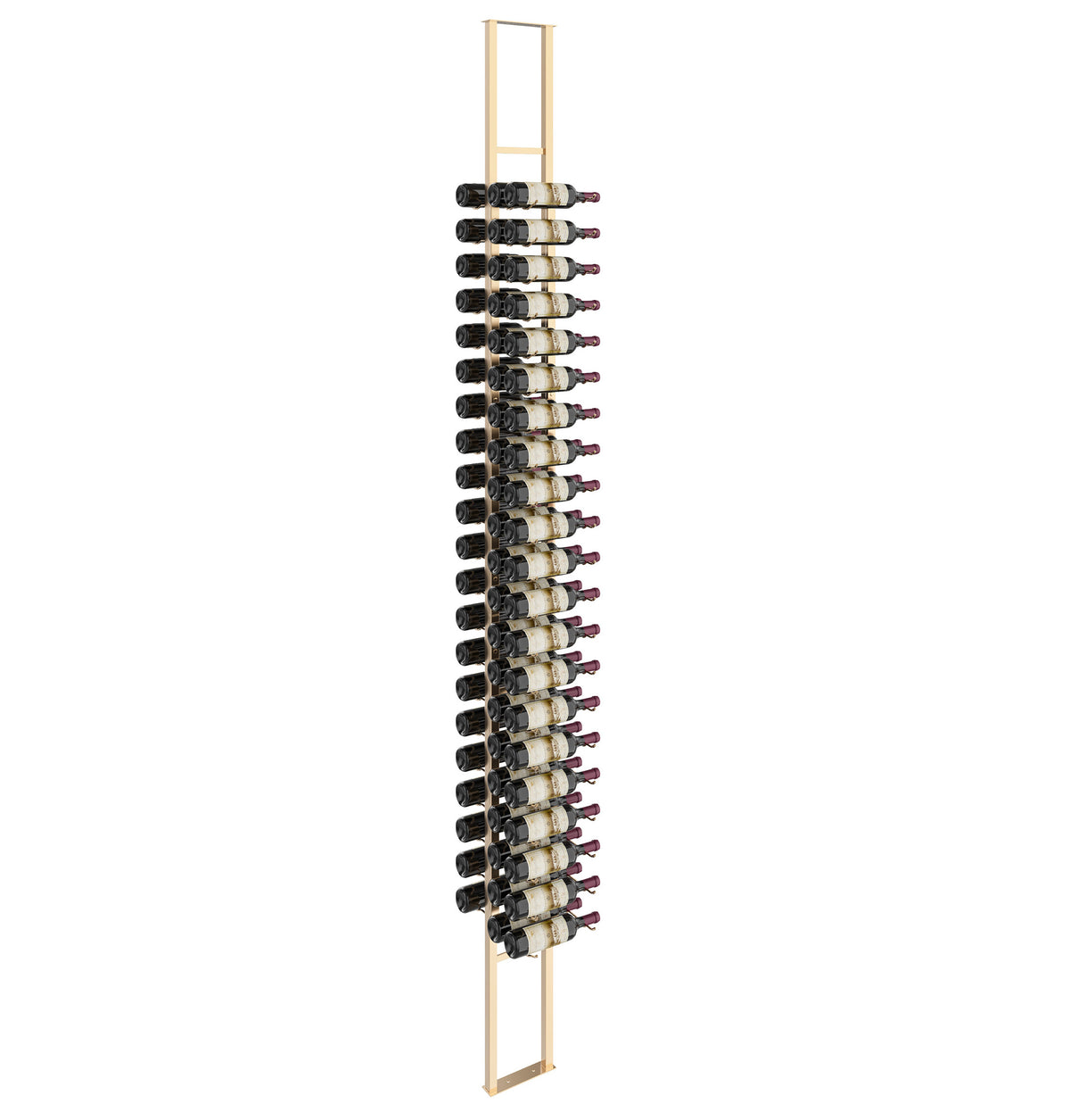 Wall-mounted double-sided floating wine rack with bottle holders and gold frame