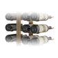 Double-sided floating wine rack kit with bottle holders and wine bottles, angled view