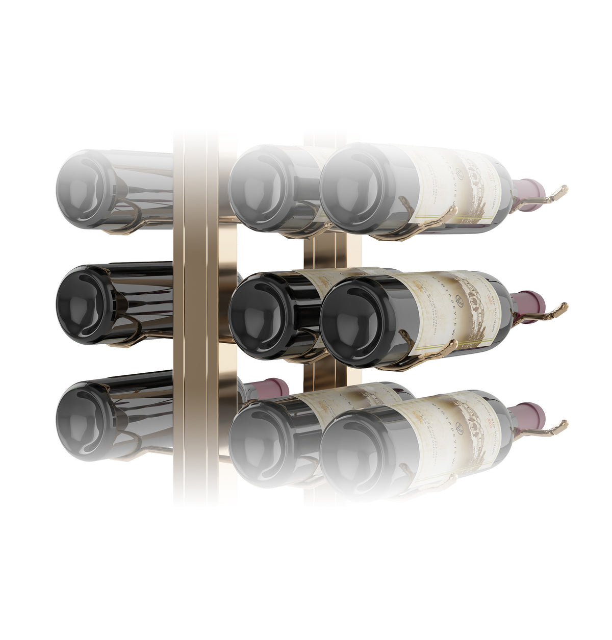 Double-sided floating wine rack kit with bottle holders and wine bottles, angled view