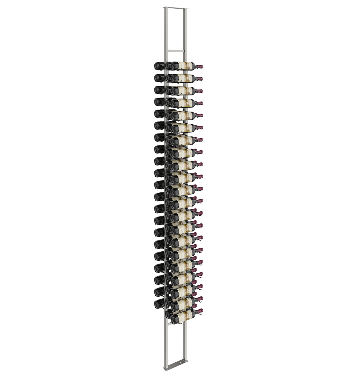 Wall-mounted double-sided floating wine rack with bottle holders and silver frame