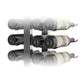 Double-sided floating wine rack kit in a close angled view with three rows of bottles