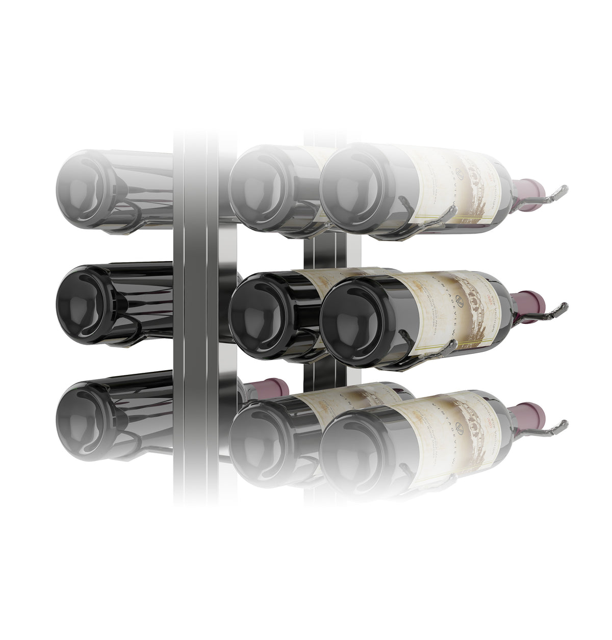 Double-sided floating wine rack kit in a close angled view with three rows of bottles