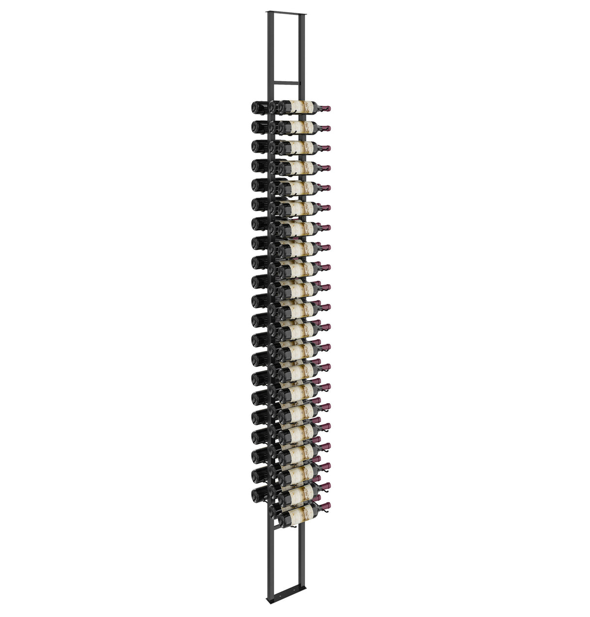 Wall-mounted double-sided floating wine rack with bottle holders and black frame