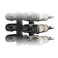 Double-sided floating wine rack kit angled view with three rows of wine bottles in holders