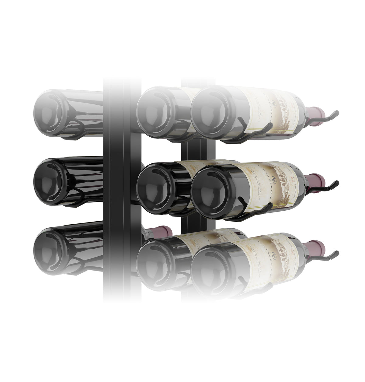 Double-sided floating wine rack kit angled view with three rows of wine bottles in holders