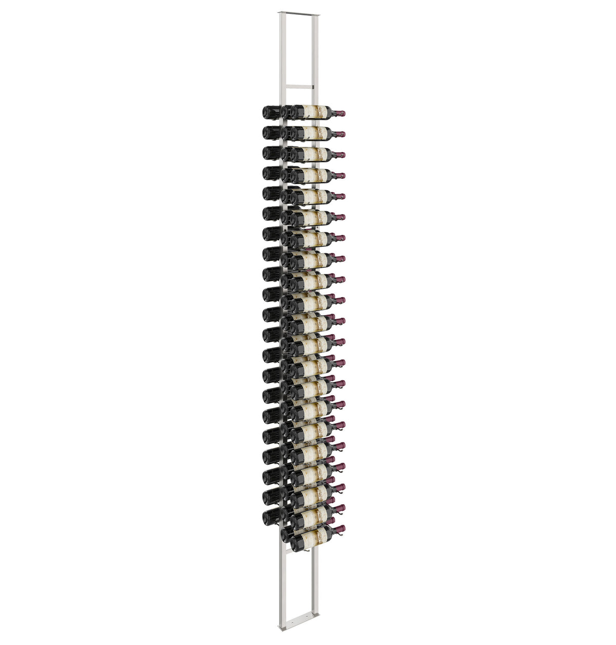 Wall-mounted double-sided floating wine rack with bottle holders and silver frame