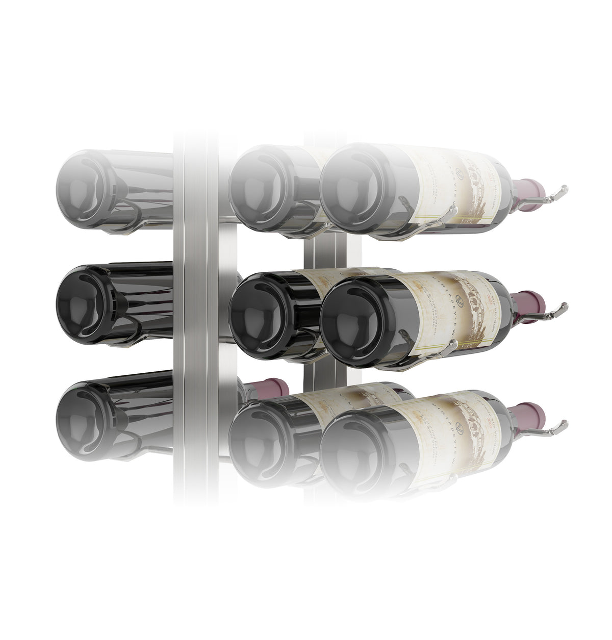 Double-sided floating wine rack kit with bottle holders, three rows, and wine bottle labels