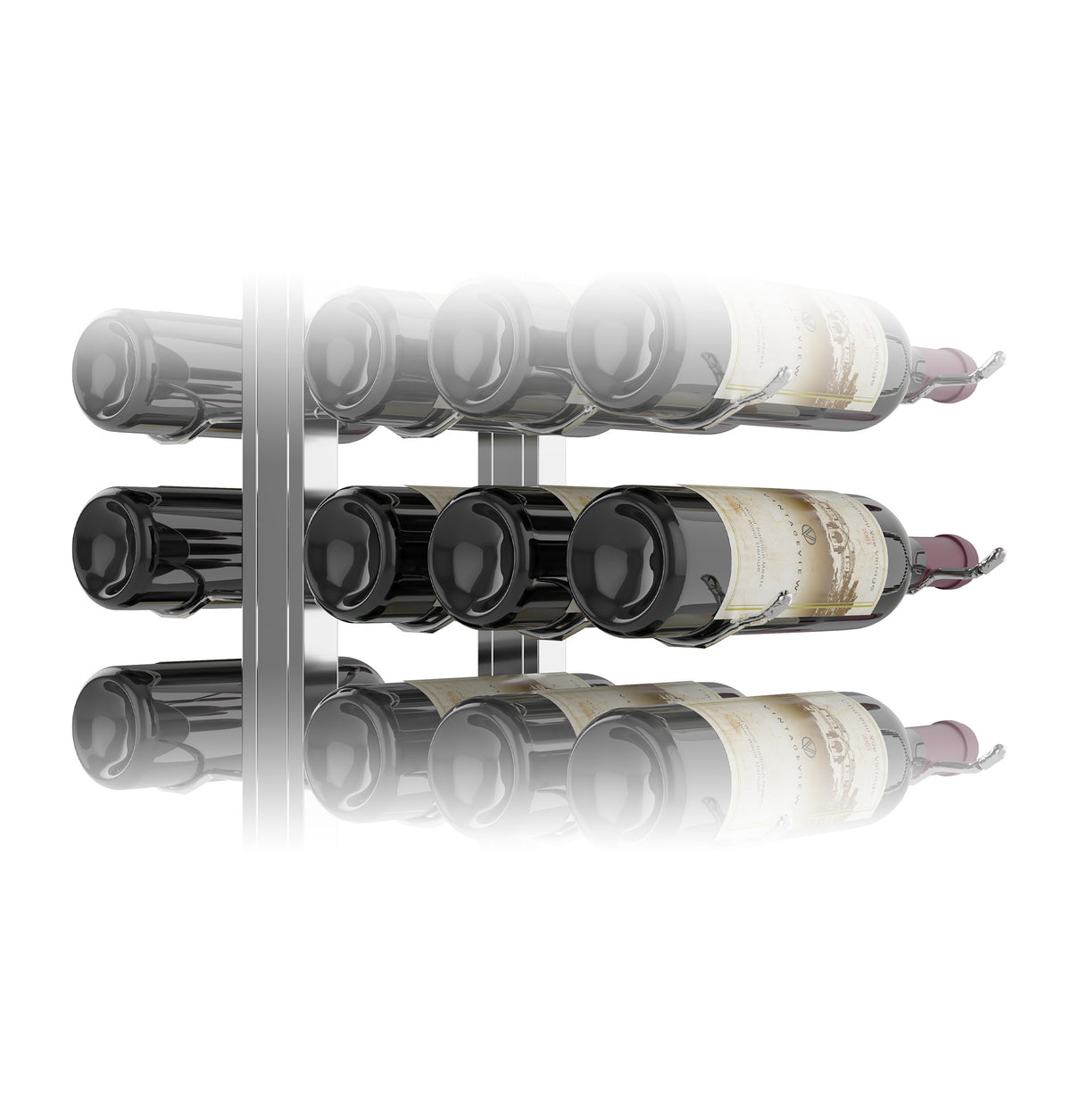 Double-sided floating wine rack kit with bottle holders and three rows of wine bottles