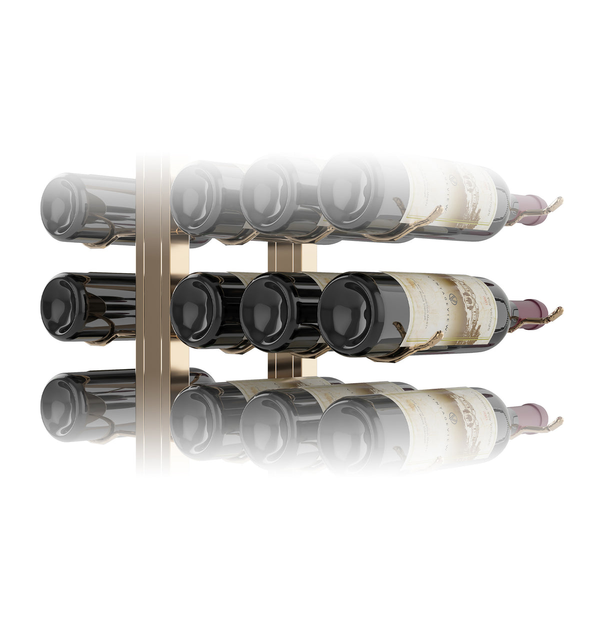 Double-sided floating wine rack kit with bottle holders, three rows, and corked wine bottles