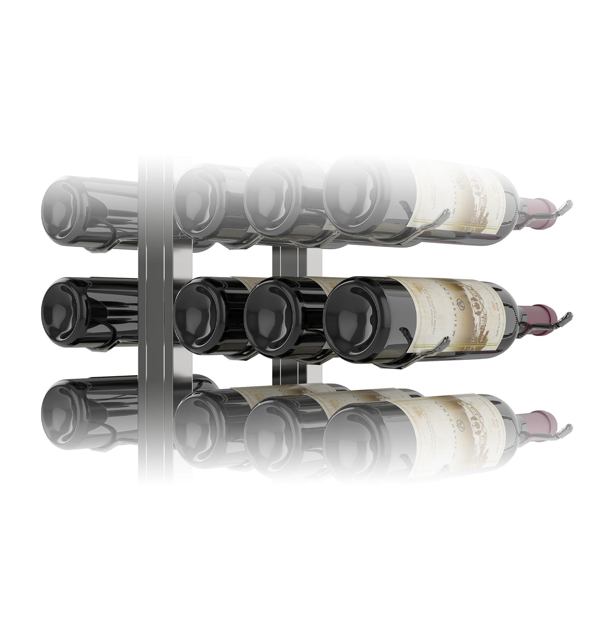 Double-sided floating wine rack kit shown from an angled front view with three rows of bottles
