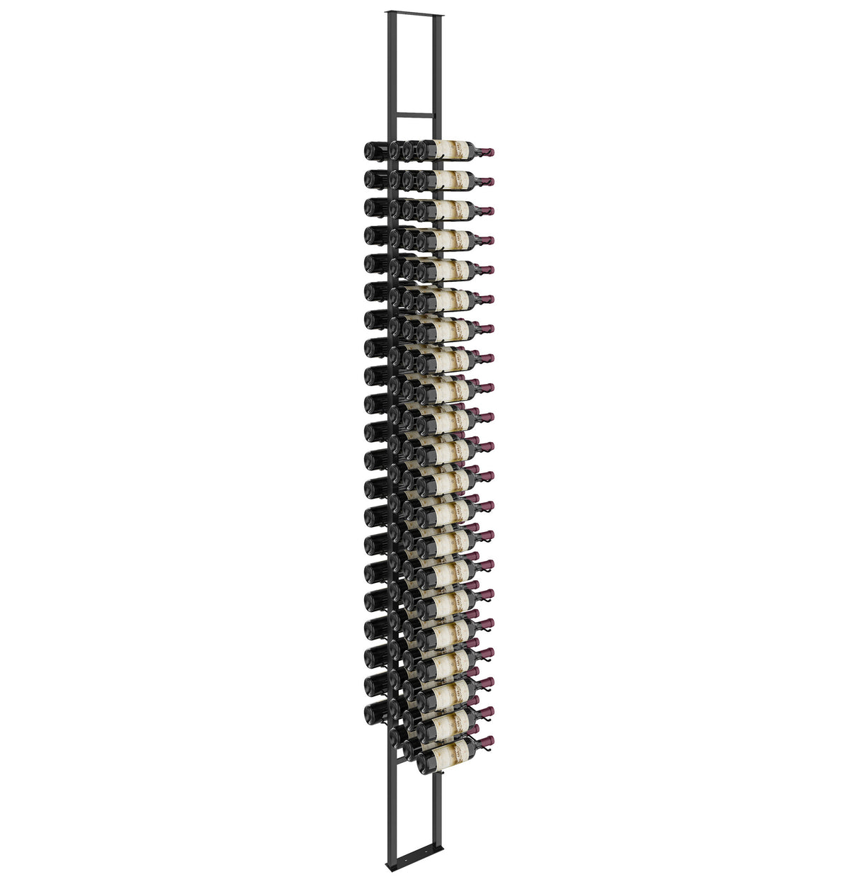 Double-sided floating wine rack frame with bottle holders, matte black finish