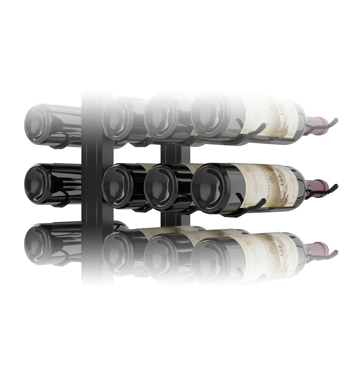 Double-sided floating wine rack kit with wine bottle cradles in three rows, side angle view