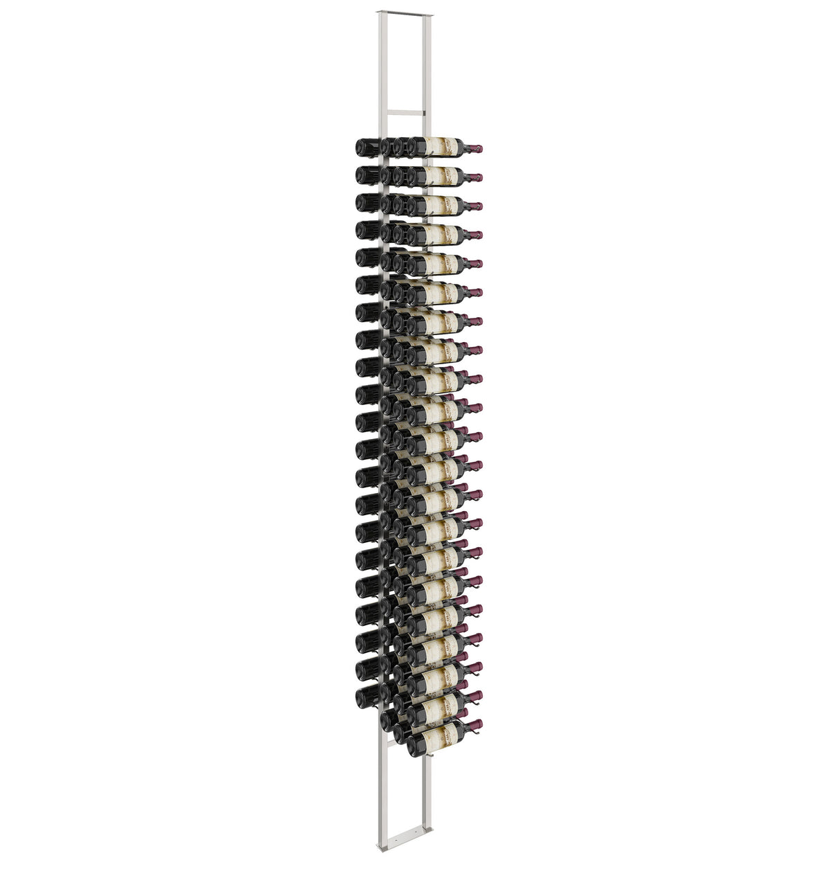 Double-sided floating wine rack frame with bottle holders, gunmetal finish