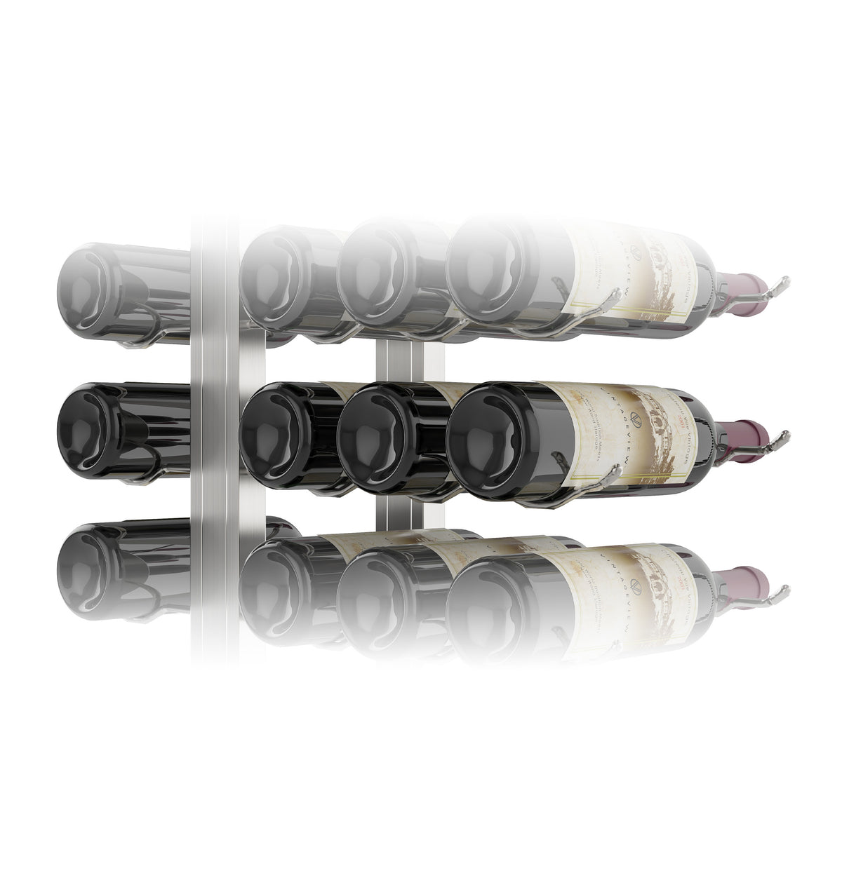 Double-sided floating wine rack kit in a front view with three levels of bottle holders