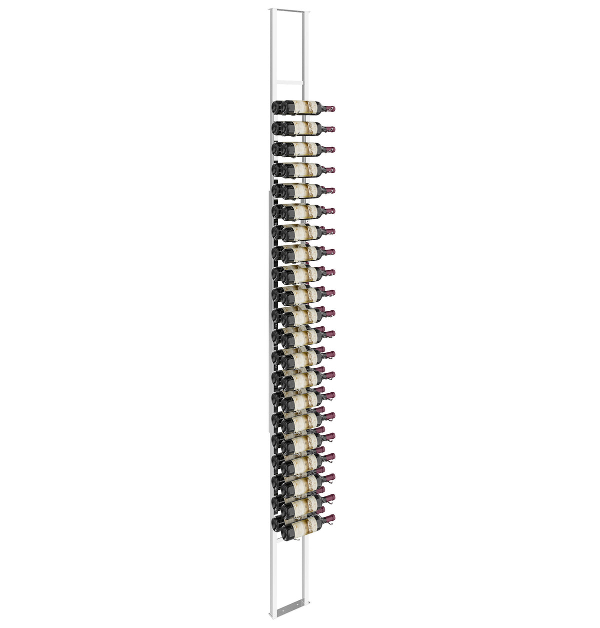Wall-mounted floating wine rack kit with brushed metal frame and bottle pegs