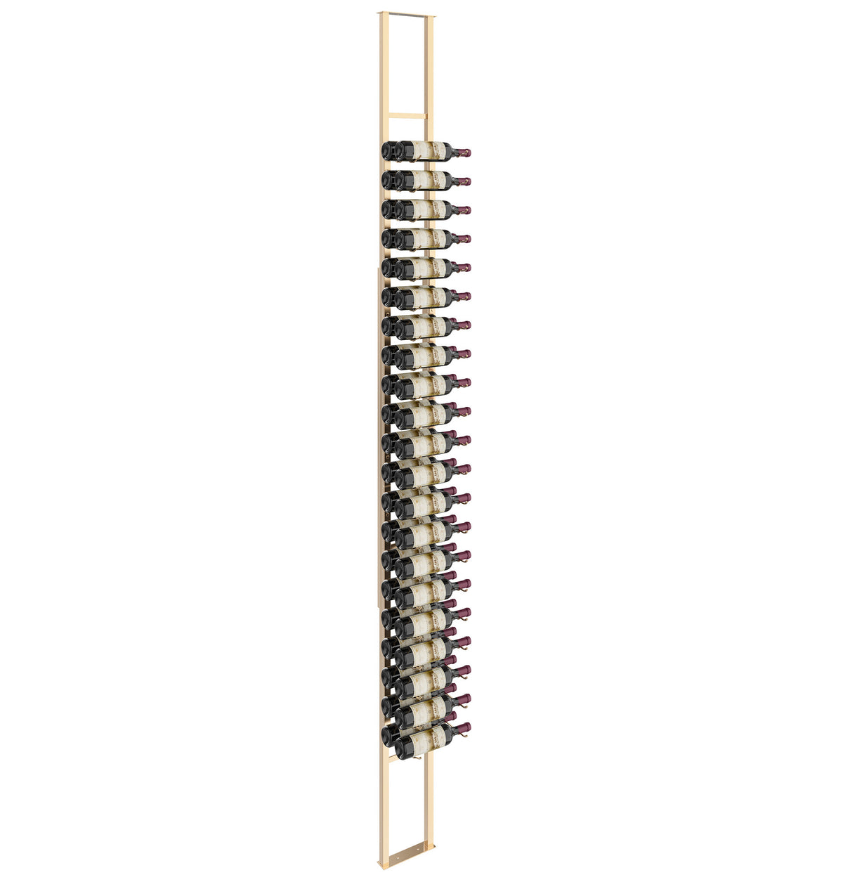 Wall-mounted floating wine rack kit with bronze-gold metal frame and bottle holders