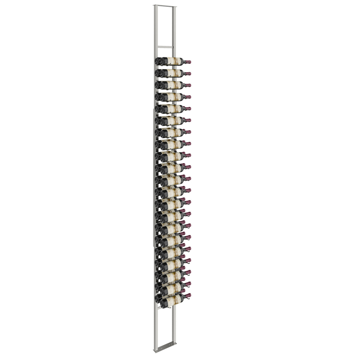 Wall-mounted floating wine rack kit with silver metal frame and bottle holders