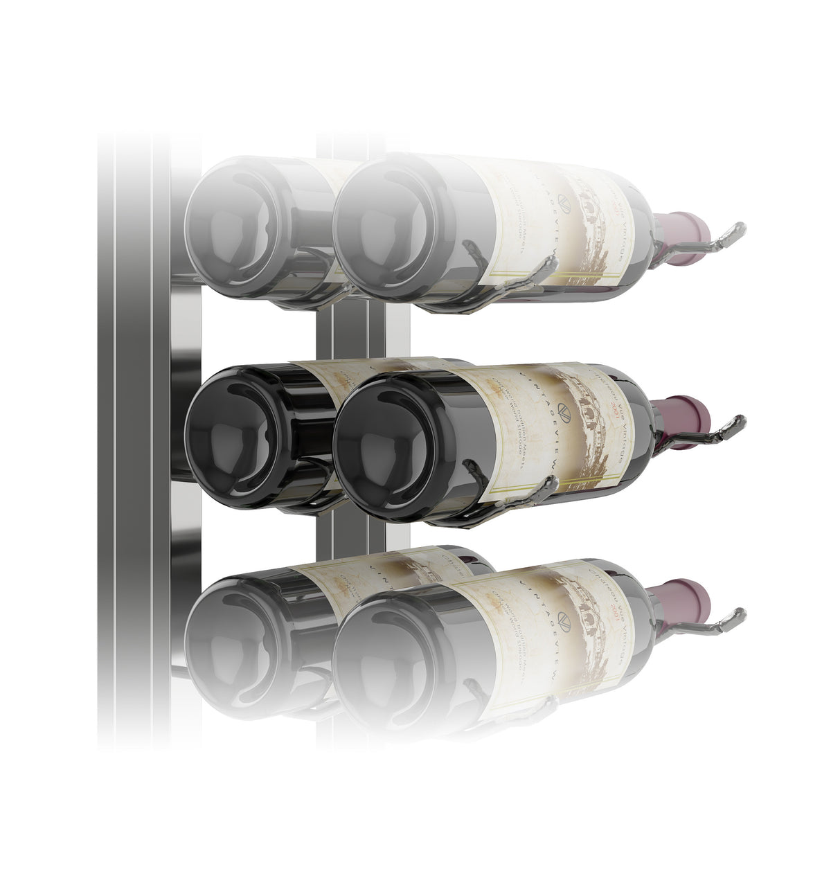 Floating wine rack kit on wall with bottles secured in 3 rows, metal bottle holders