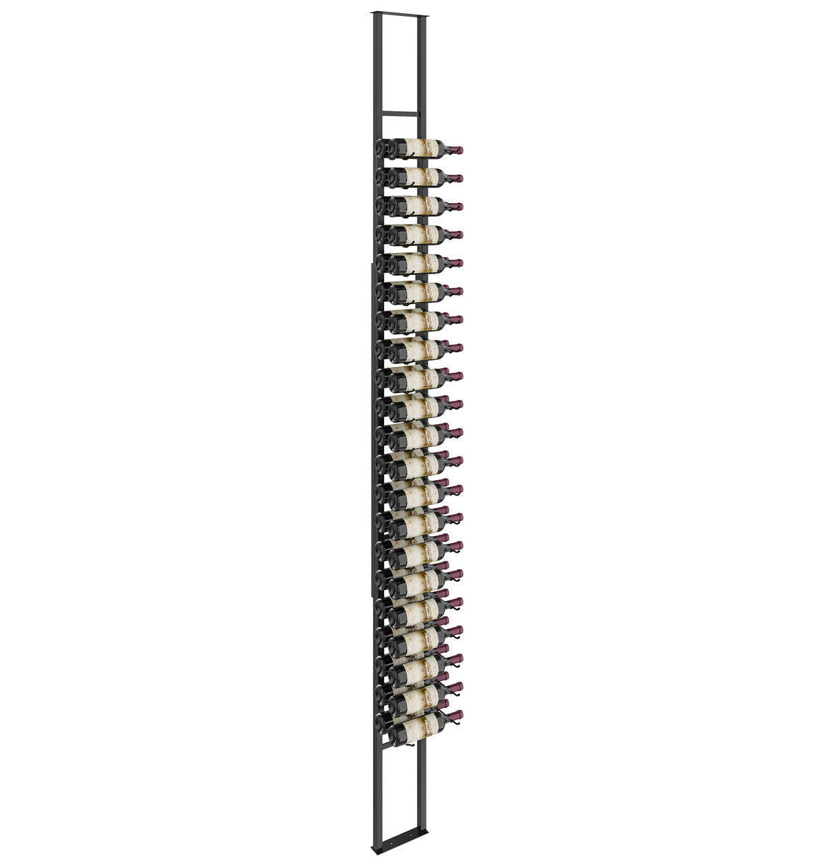 Wall-mounted floating wine rack kit with dark metal frame and bottle pegs