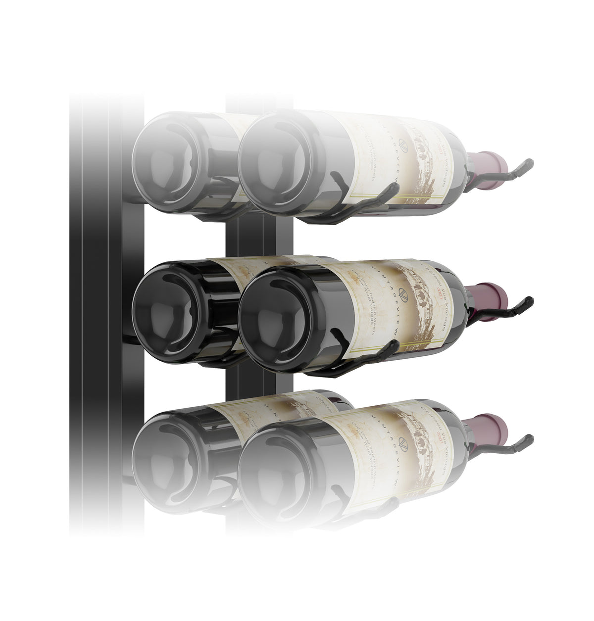 Floating wall wine rack kit with wine bottles held in circular supports, 3 tiers