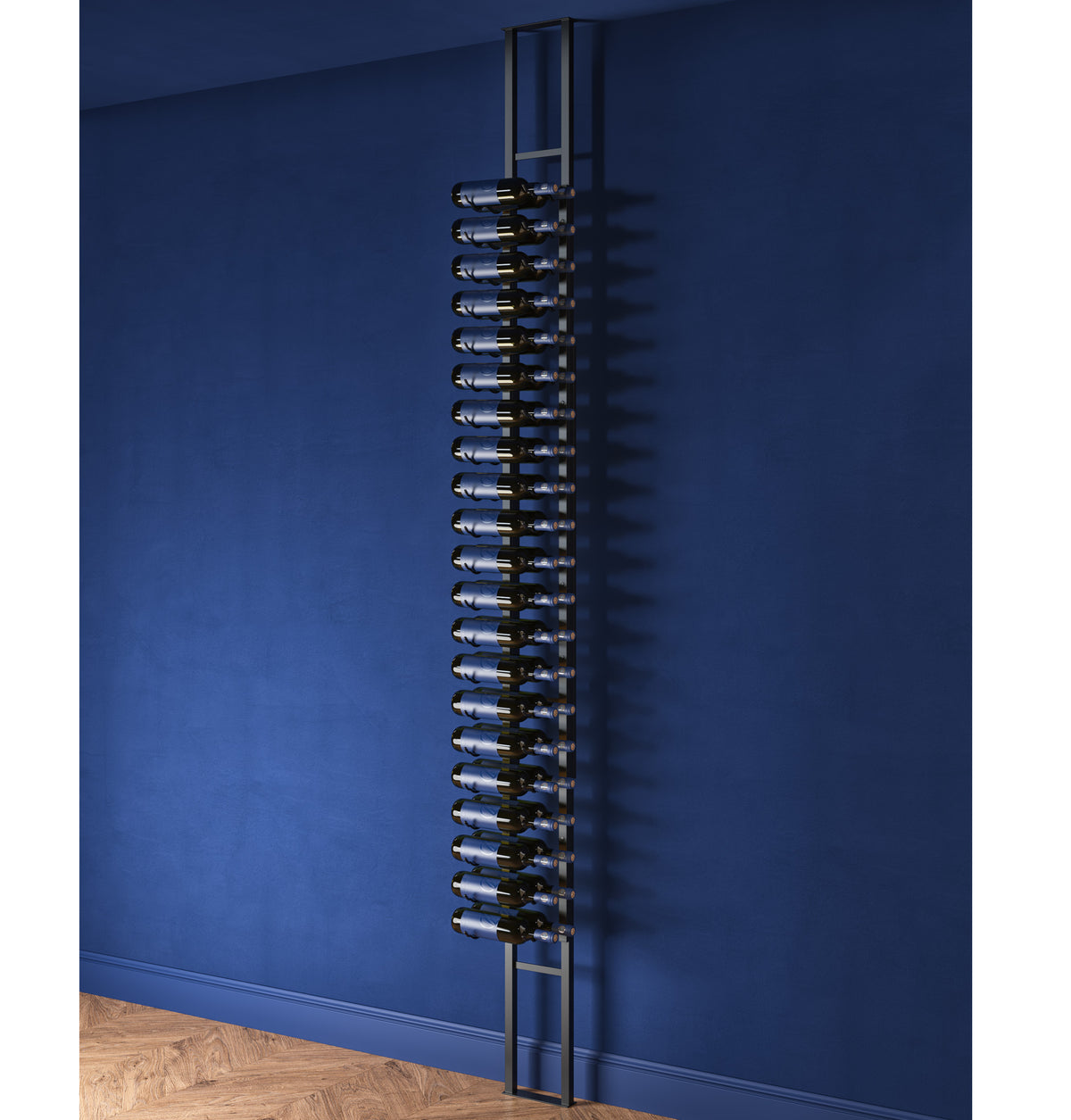 Wall-mounted wine rack kit with black metal frame, single-sided, holds wine bottles